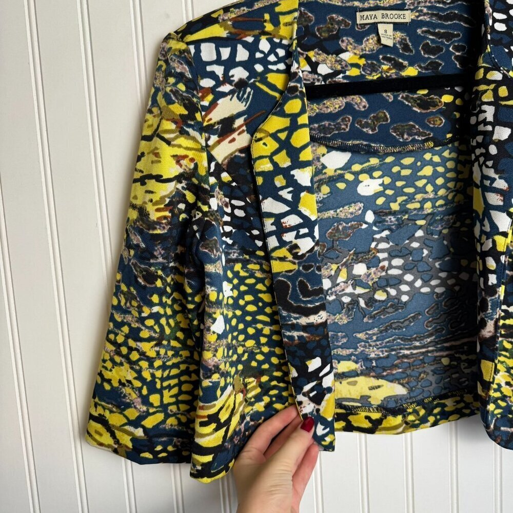 Maya Brooke blue yellow patterned 3/4 sleeve crop blazer size 8 P24 - Picture 3 of 6
